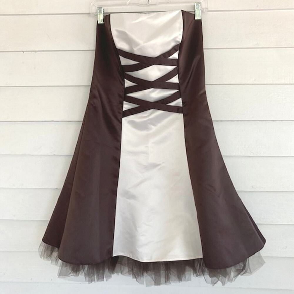 Jessica McClintock for Gunne Sax Brown & White Satin & Tulle Formal Dress 9/10
